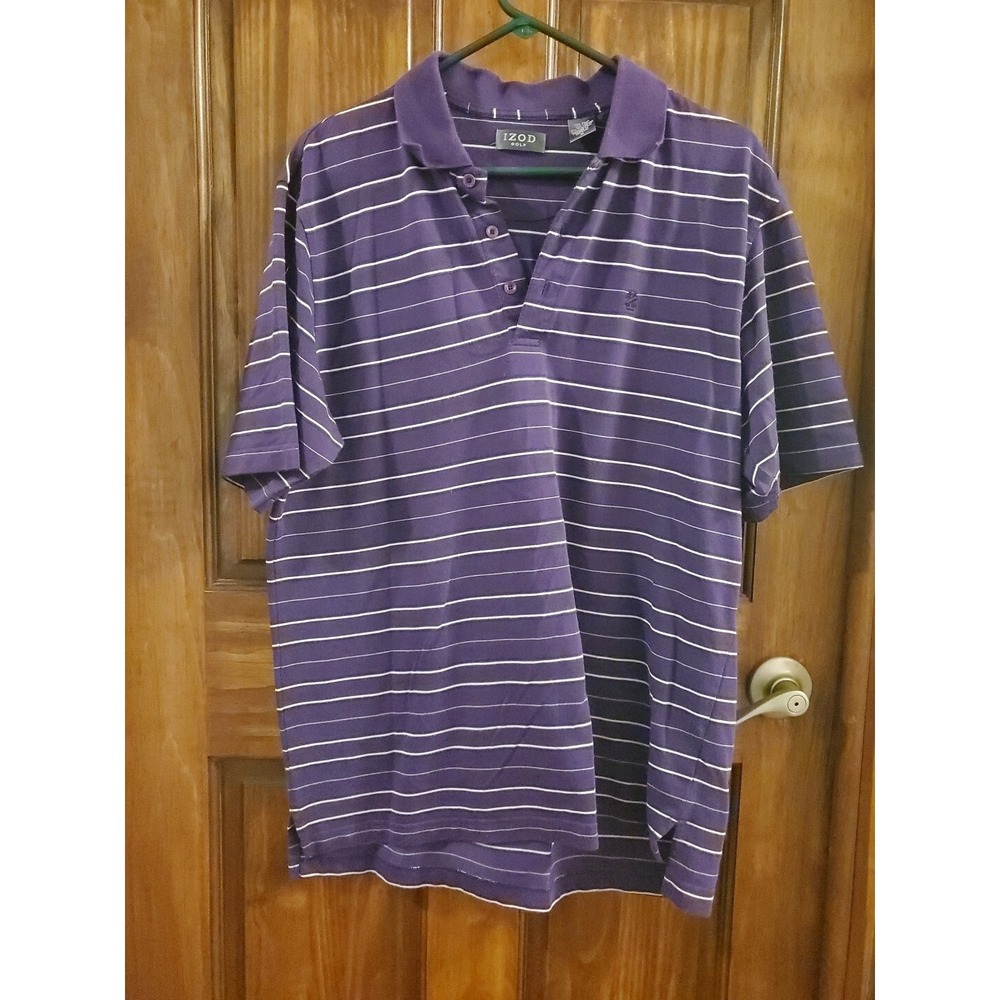 EUC Mens IZOD GOLF Stretch Purple/white‎ Stripe Short Sleeve Polo Shirt Medium